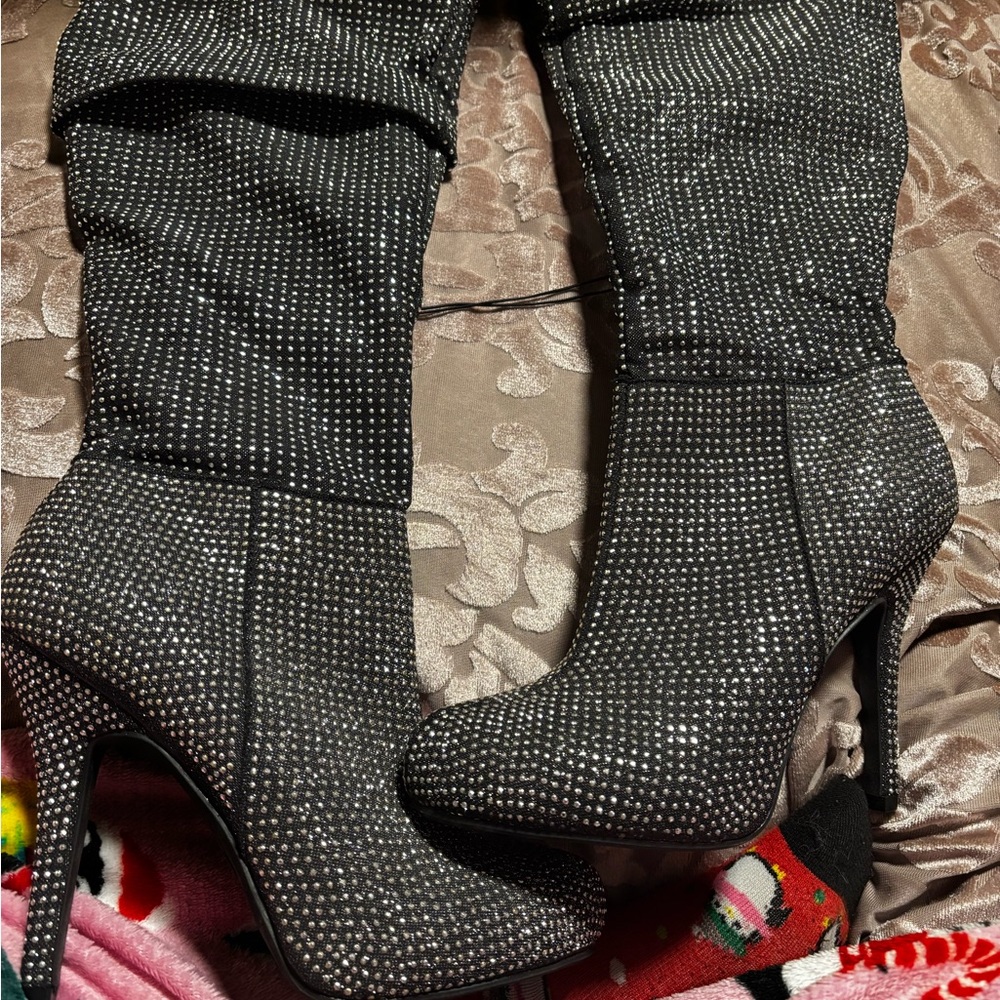 Elegant Black Rhinestone Women's Boots 8.5